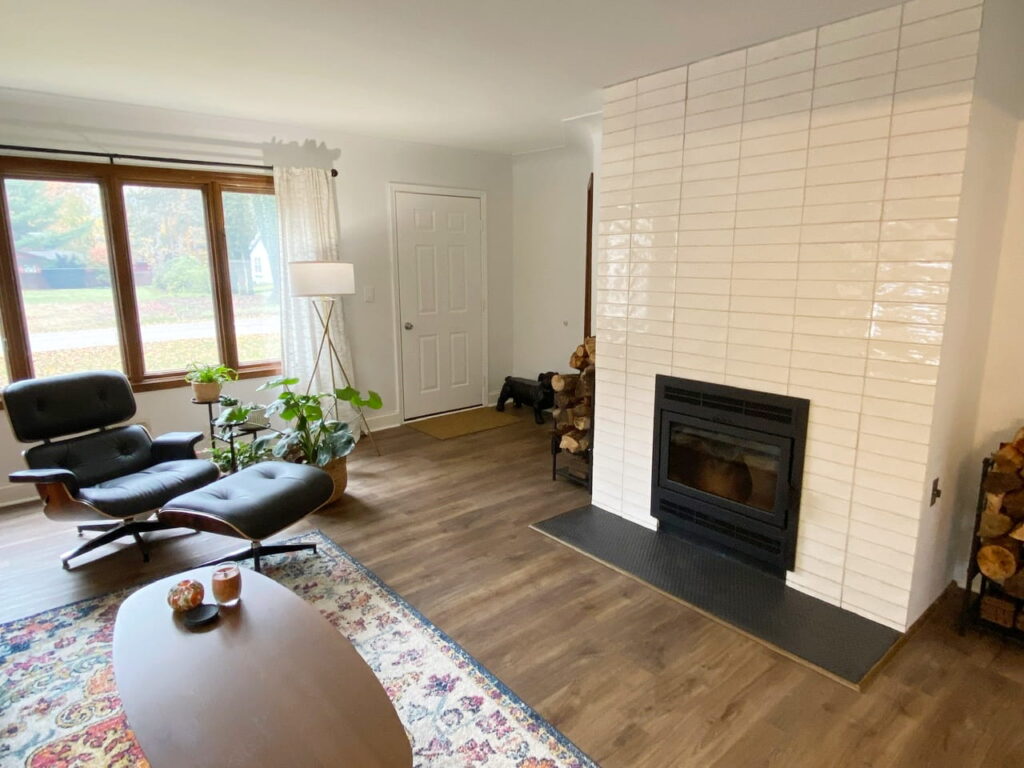 View of our tiled fireplace and Eames lounge